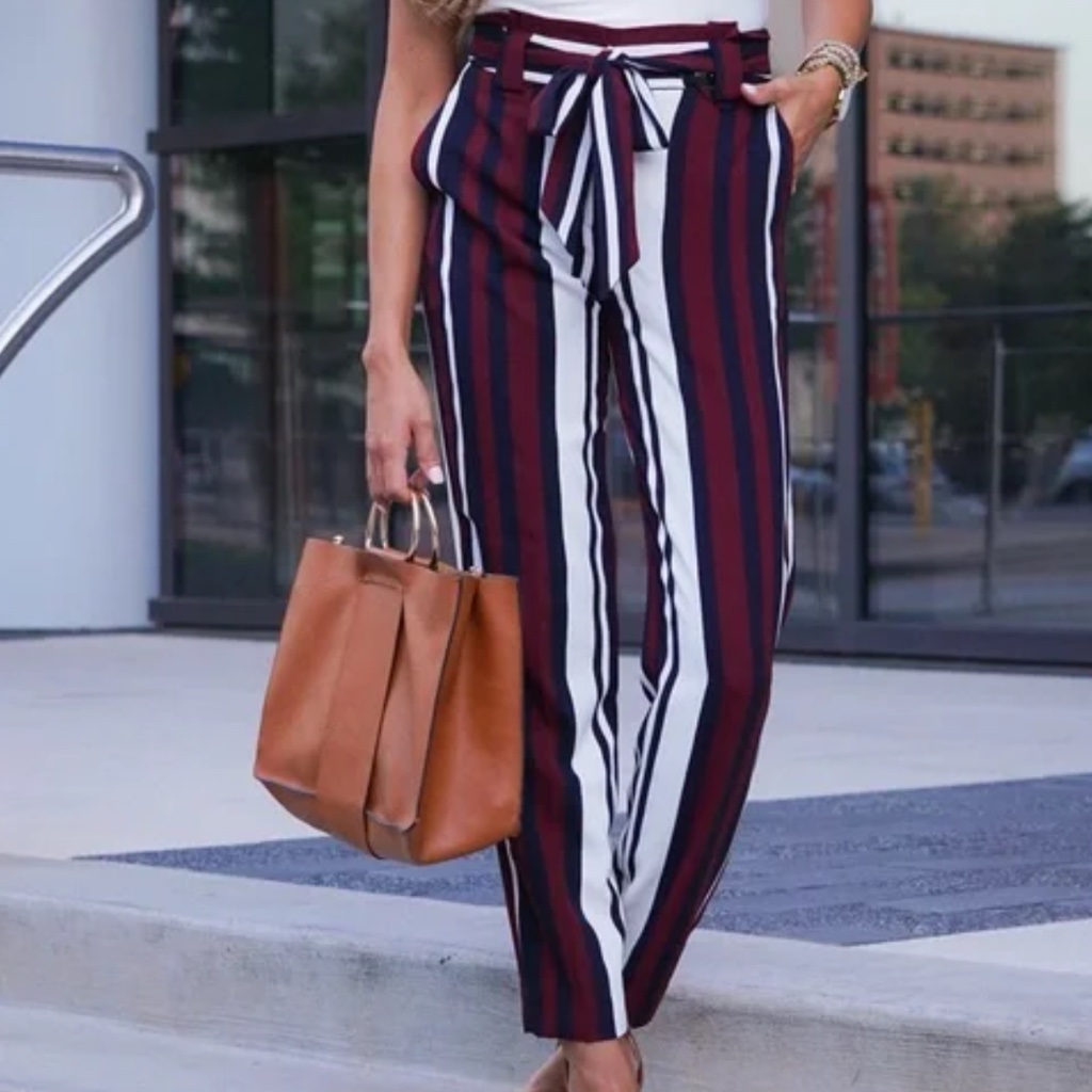 Express Women's Maroon/Navy/White Striped High Rise Wide Leg Pants Trousers